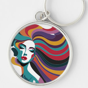 Colourful Abstract Woman with Flowing Hair Art Key Ring