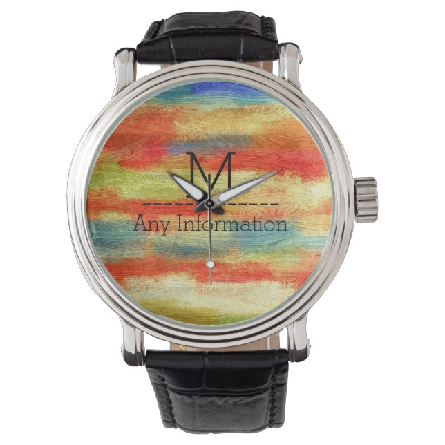 Colourful Abstract Wood Grain Monogram Watch (Front)