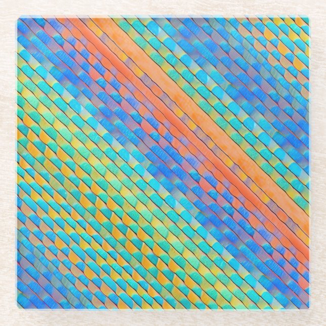 Colourful Abstract Woven Digital Pattern Glass Coaster (Front)