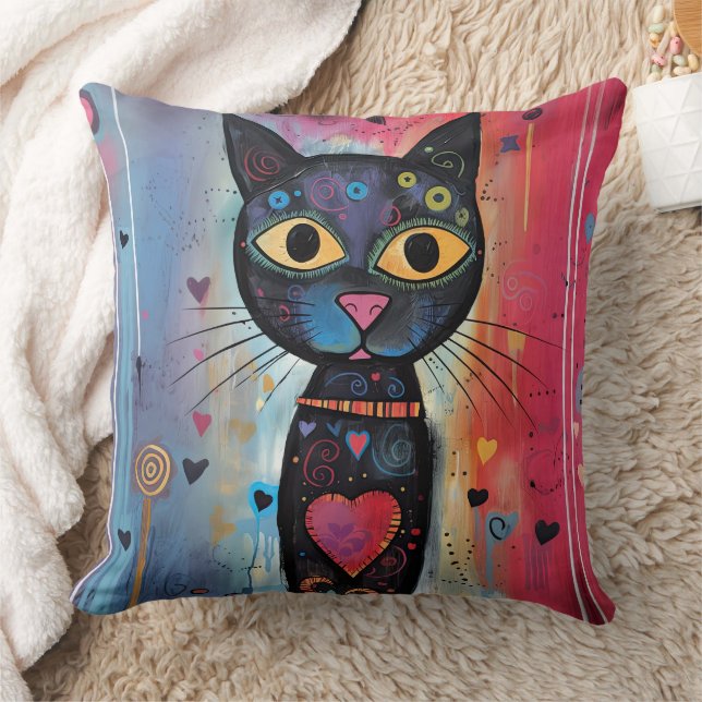 Colourful Abstract Yellow Eyed Cat Throw Pillow (Blanket)