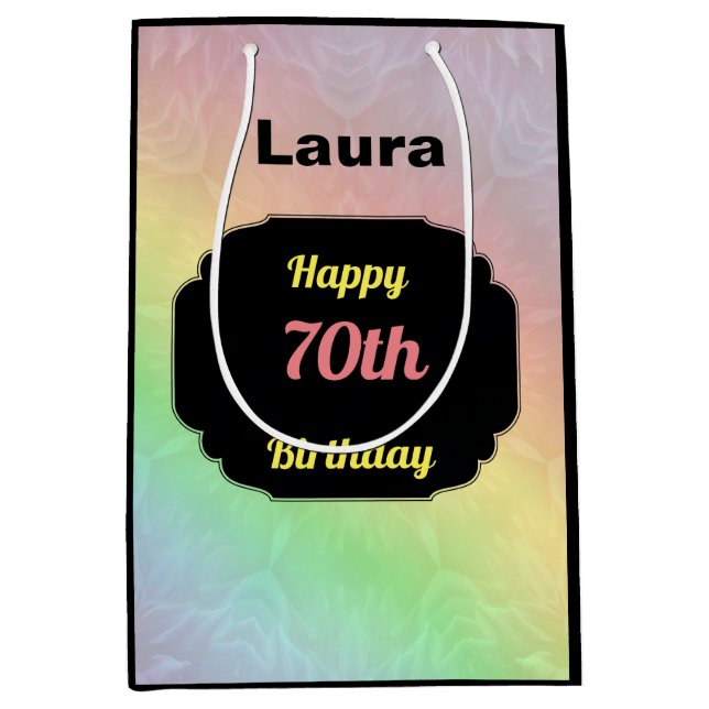 Colourful add name 70th birthday medium gift bag (Front)
