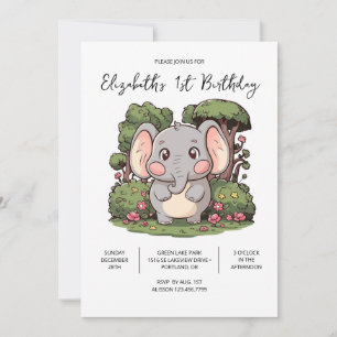 Colourful Adorable Elephant 1st Birthday Digital Invitation