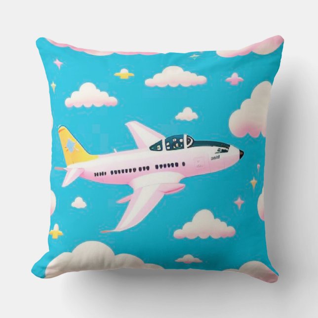 Colourful Aeroplane Flying Among Cartoon Clouds Cushion (Front)