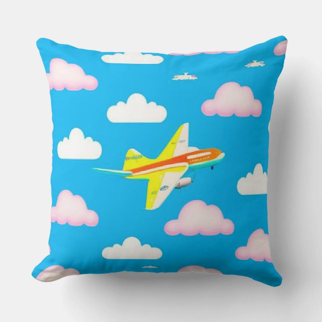Colourful Aeroplane Flying Among Cartoon Clouds Cushion (Front)