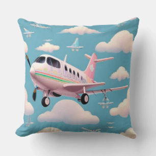 Colourful Aeroplane Flying Among Cartoon Clouds Cushion
