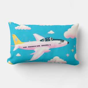 Colourful Aeroplane Flying Among Cartoon Clouds Lumbar Cushion