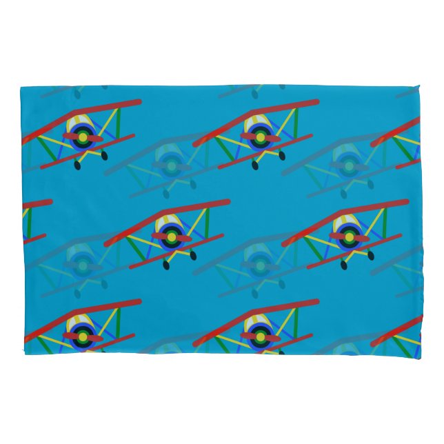 Colourful Aeroplane Pattern on Blue Pillowcase (Front)