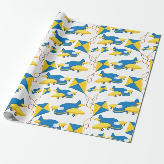 Colourful Aeroplanes and Kites Kids Pattern Wrapping Paper (Unrolled)