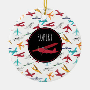 Colourful Aeroplanes Pattern Custom Name Ceramic Tree Decoration
