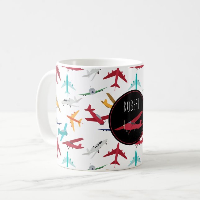 Colourful Aeroplanes Pattern Custom Name Coffee Mug (Front Left)