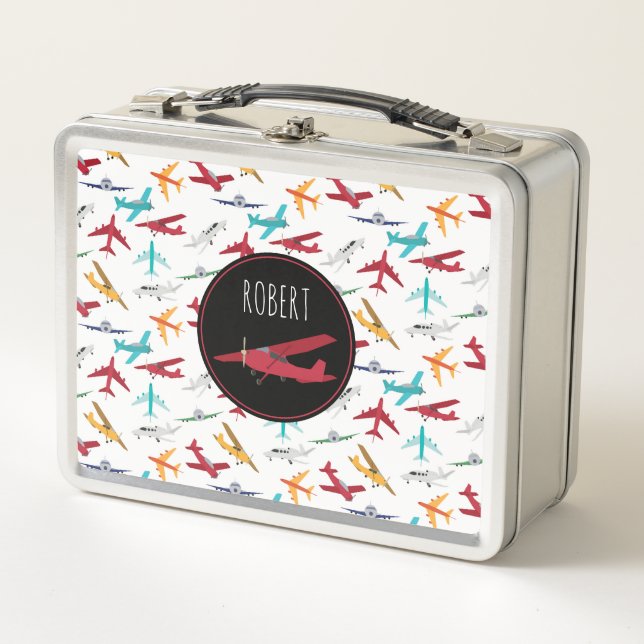 Colourful Aeroplanes Pattern Custom Name Metal Lunch Box (Front)