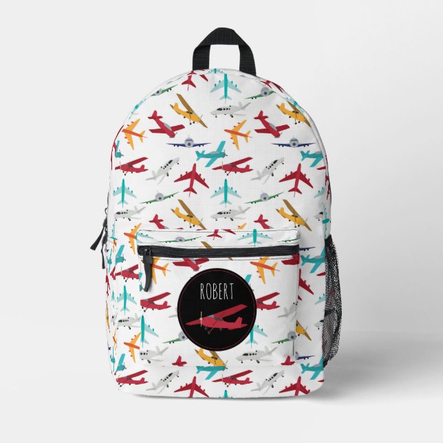 Colourful Aeroplanes Pattern Kids Custom Name Scho Printed Backpack (Front)
