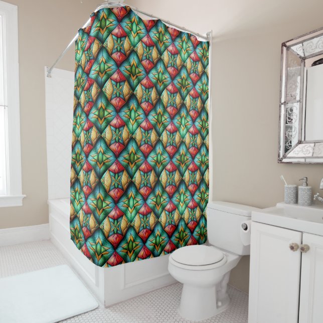 Colourful African-Inspired Geometric Mosaic Patter Shower Curtain (In Situ)