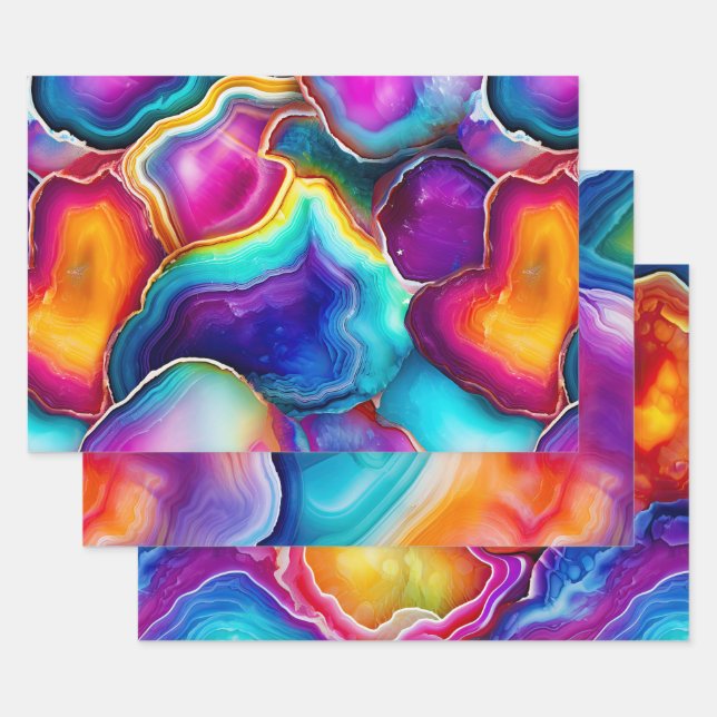 Colourful Agate Abstract with Swirling Layers Wrapping Paper Sheet (Set)