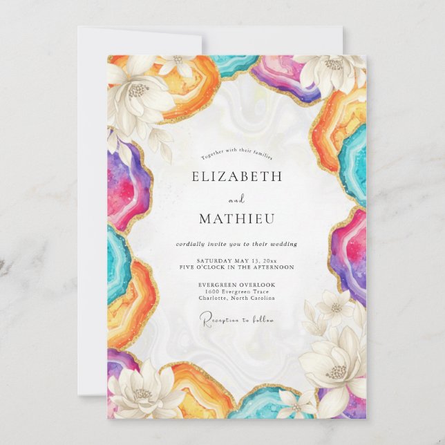 Colourful Agate Geode Eucalyptus Wedding Invitation (Front)