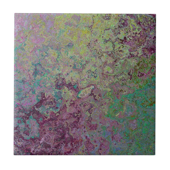 Colourful Alcohol Ink, Green and Burgundy Abstract Tile (Front)
