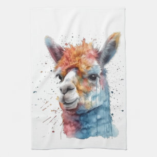 colourful alpaca in watercolor tea towel