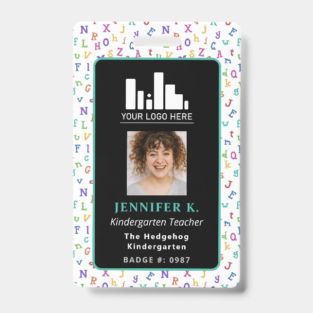 Colourful Alphabet Teacher Photo & Logo ID Badge (Front)