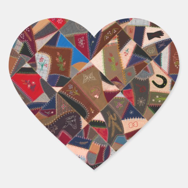 Colourful Americana Patchwork Crazy Quilt Pattern  Heart Sticker (Front)