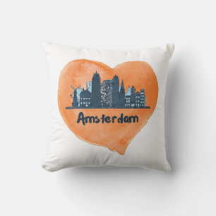 Colourful Amsterdam City Skyline Watercolor Heart Cushion