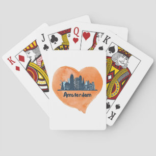 Colourful Amsterdam City Skyline Watercolor Heart Playing Cards