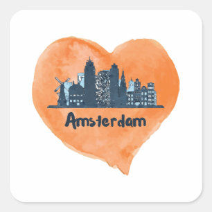 Colourful Amsterdam City Skyline Watercolor Heart Square Sticker