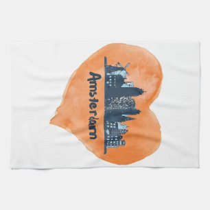 Colourful Amsterdam City Skyline Watercolor Heart Tea Towel