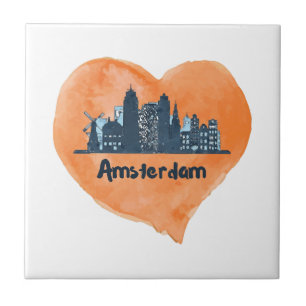 Colourful Amsterdam City Skyline Watercolor Heart Tile