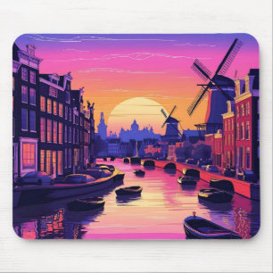 Colourful Amsterdam Sunset – Dutch Canal & Windmil Mouse Pad