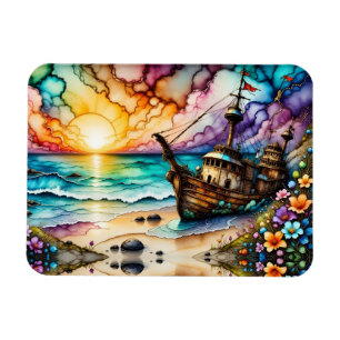 Colourful Ancient Shipwreck Beach Flowers and Sky Magnet