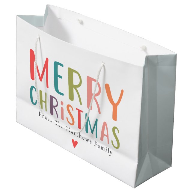 Colourful and Bright Merry Christmas Heart Large Gift Bag (Front Angled)