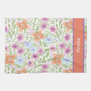 Colourful and Cute Pastel Floral Pattern Name Tea Towel