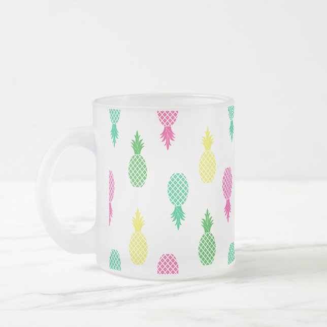 Colourful and Cute Tropical Pineapple Pattern Frosted Glass Coffee Mug (Left)