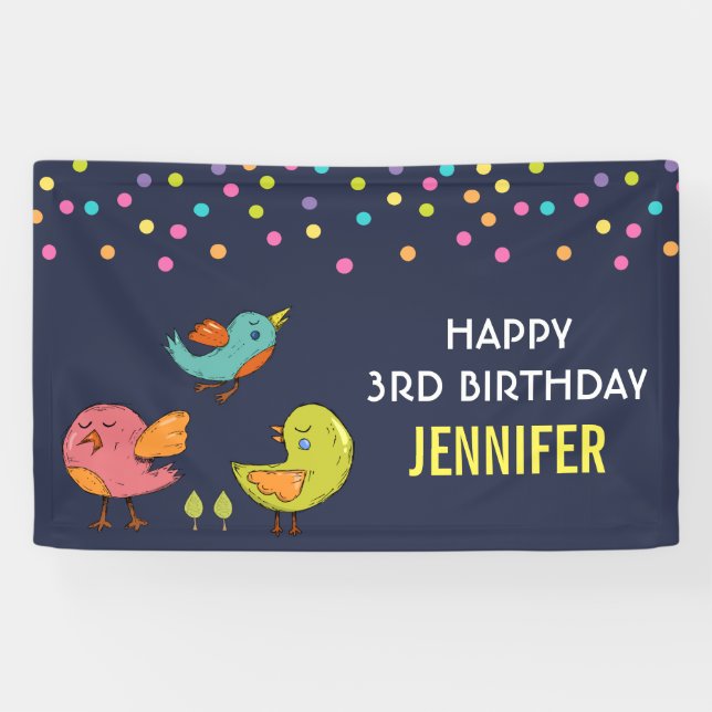 Colourful and Cute Whimsical Birds Trio Birthday Banner (Horizontal)