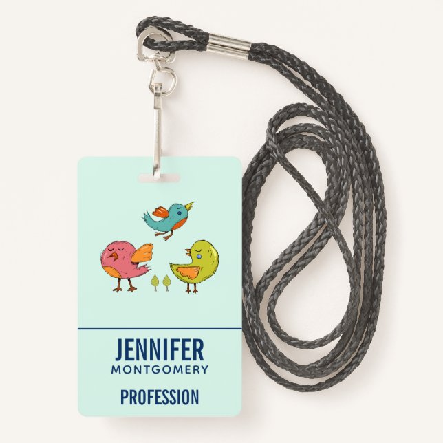 Colourful and Cute Whimsical Birds Trio ID Badge (Front with Lanyard)