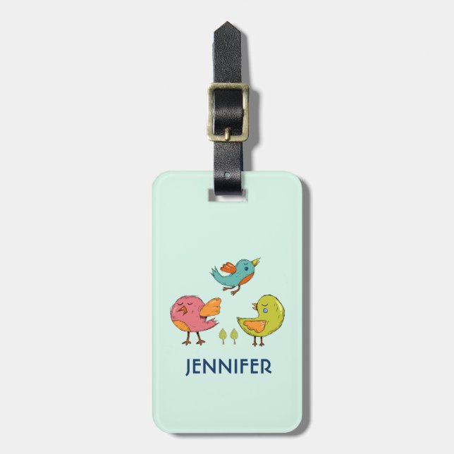 Colourful and Cute Whimsical Birds Trio Luggage Tag (Front Vertical)