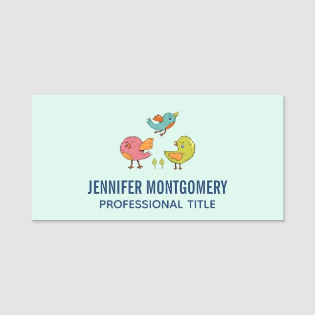 Colourful and Cute Whimsical Birds Trio Name Tag (Front)