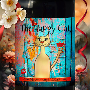 Colourful and Funny Happy Cat Custom Wine Label