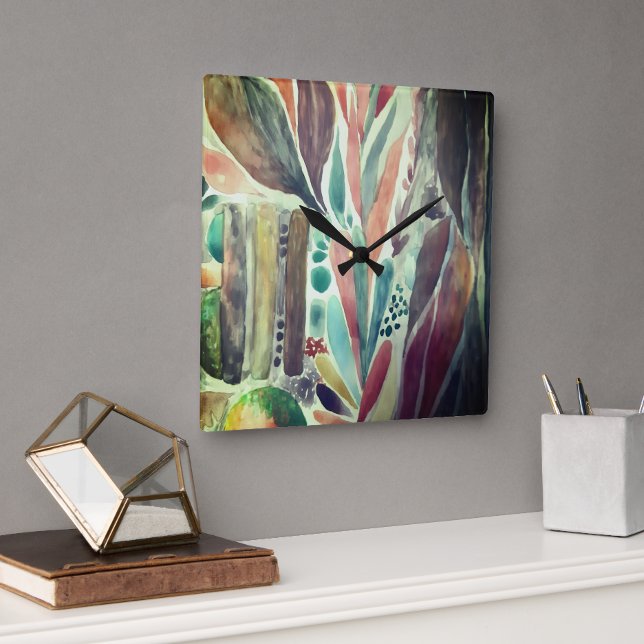Colourful and Greenery Watercolor Tropical Square Wall Clock (Creator Uploaded)