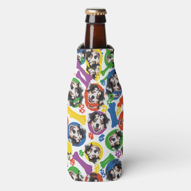 Colourful and playful Australian Shepherd Bottle Cooler (Bottle Front)