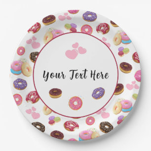 Colourful and Tasty Doughnuts and Hearts Paper Plate
