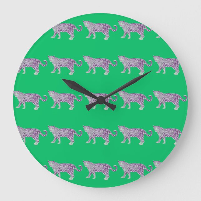 Colourful Animal Pattern on Green Background Large Clock (Front)