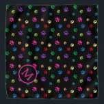 Colourful Animal Paw Prints Monogram on Black Bandana<br><div class="desc">Show how much you love animals with this cute colourful paw patterned bandanna. Also looks awesome with a white background. Bet your pet will look adorable wearing it!</div>
