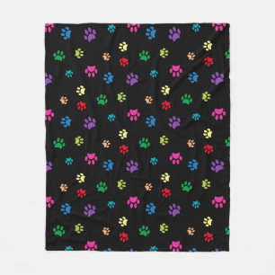 Colourful Animal Paw Prints on Black Fleece Blanket