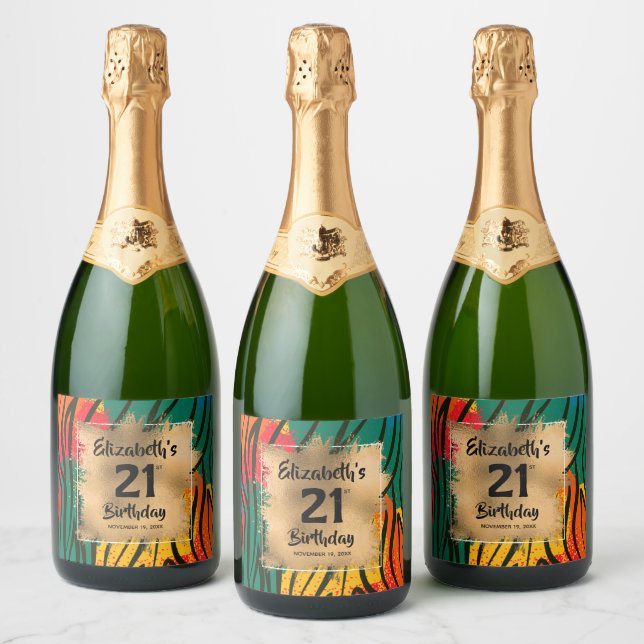 Colourful Animal Print 21st Birthday Personalised Sparkling Wine Label (Bottles)