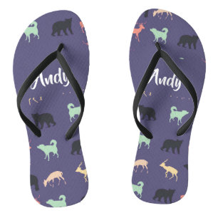 Colourful animal silhouettes on blue jandals