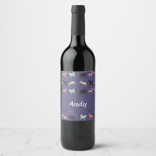 Colourful animal silhouettes on blue wine label