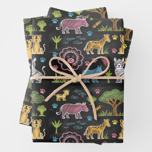 Colourful animals and trees are arranged  wrapping paper sheet