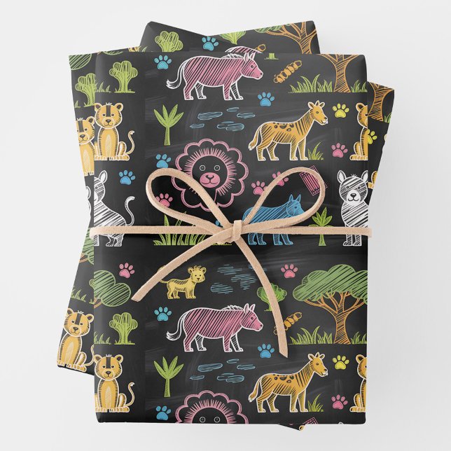 Colourful animals and trees are arranged  wrapping paper sheet (Creator Uploaded)