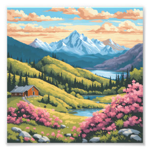 Colourful Anime Mountain Landscape Cabin Art Photo Print